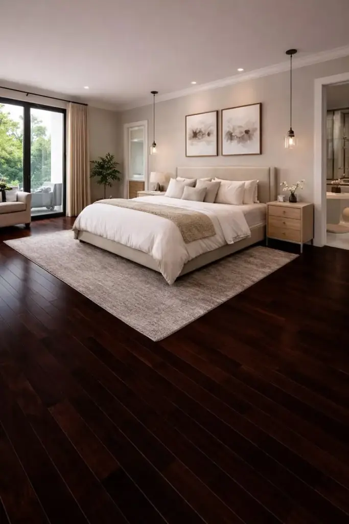Hotel bedroom with layered white bed linen and a patterned rug on a dark wood floor
