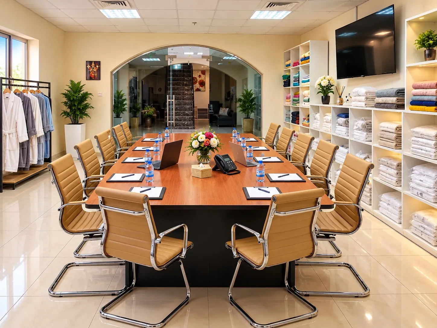Meeting room with towels and bed linen on shelves