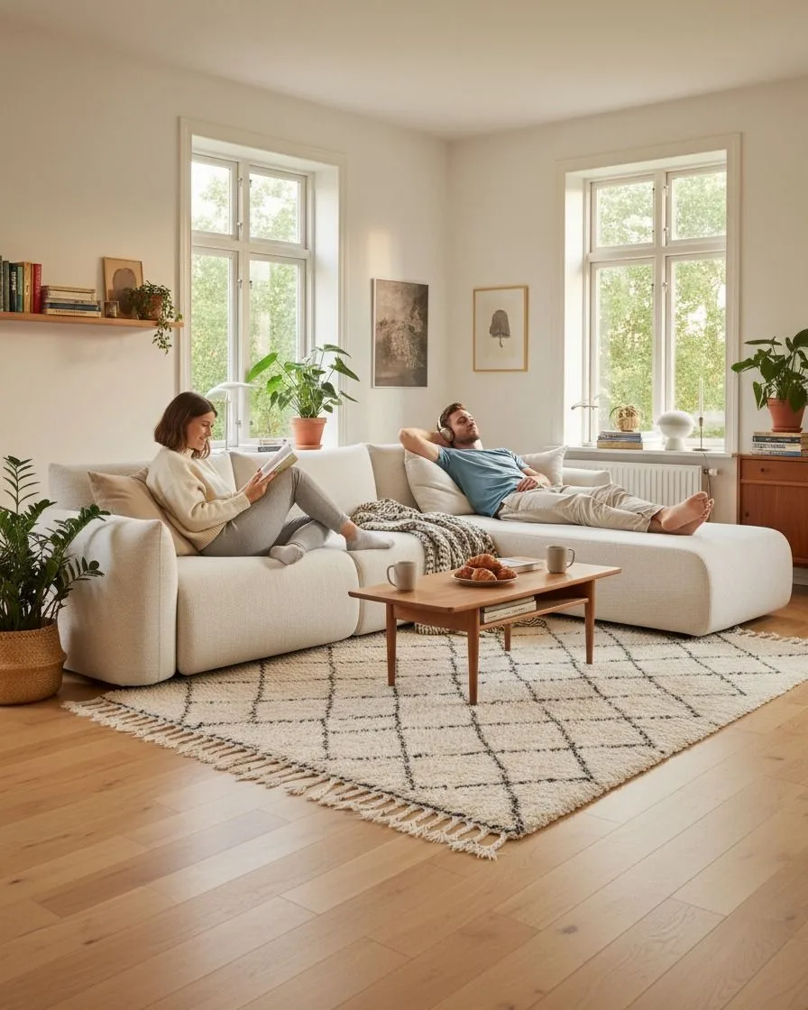 Light oak SPC flooring in a bright living room with a sofa and rug