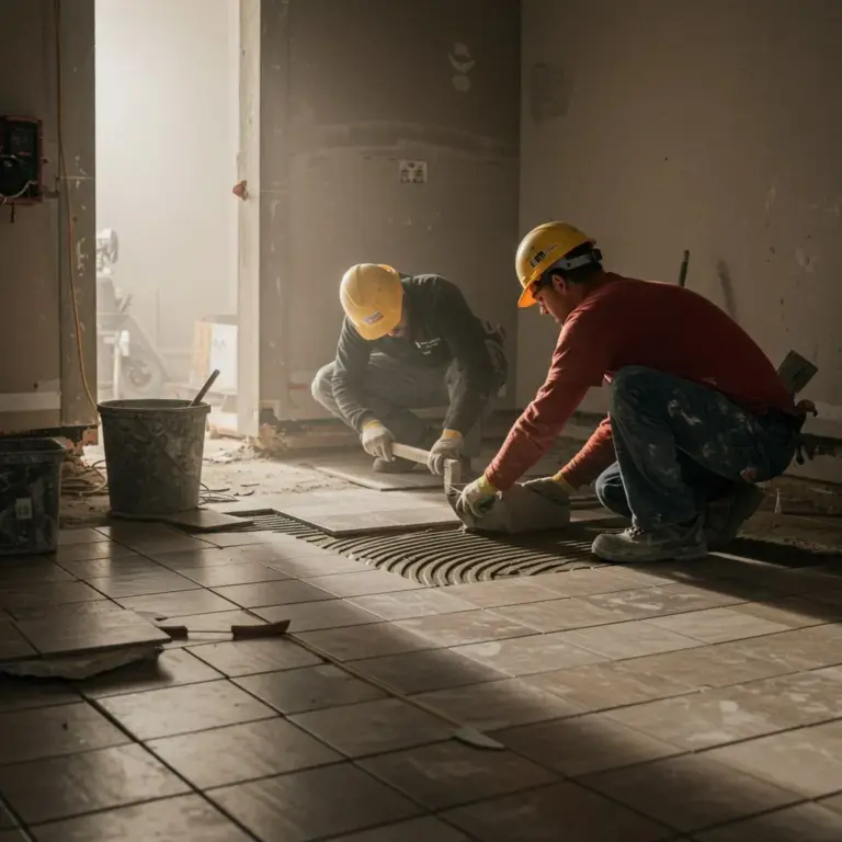 Installers fitting a floor on site