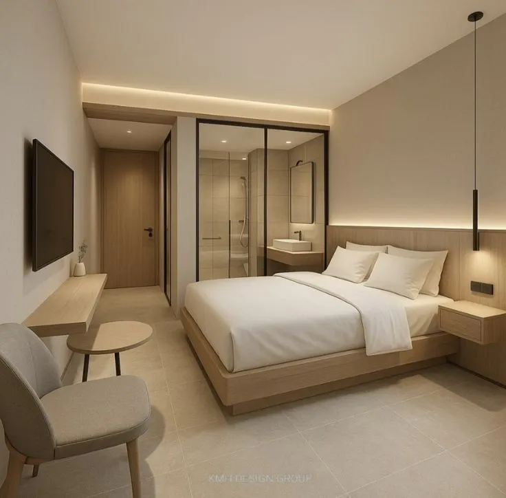 Hotel guest room with a made bed and a wardrobe