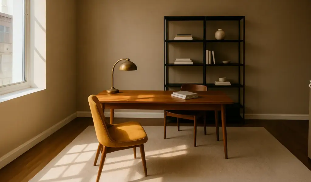 A study with a desk, a lamp and a leather chair in warm light