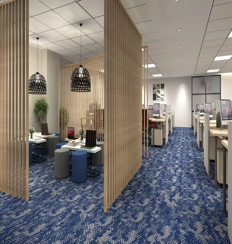Office floor with blue patterned carpet tiles