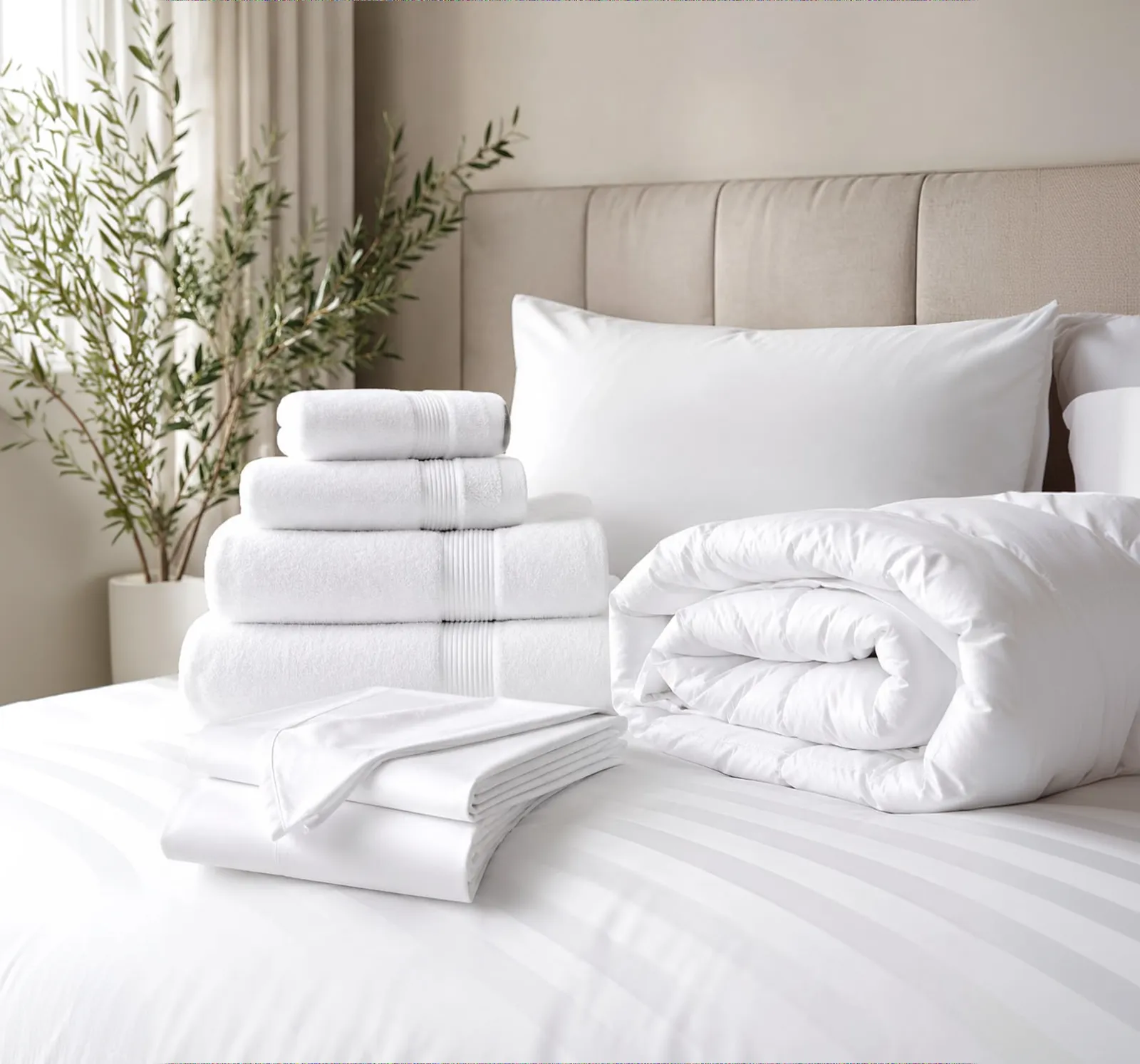 Stacked white towels and a folded duvet on a made hotel bed