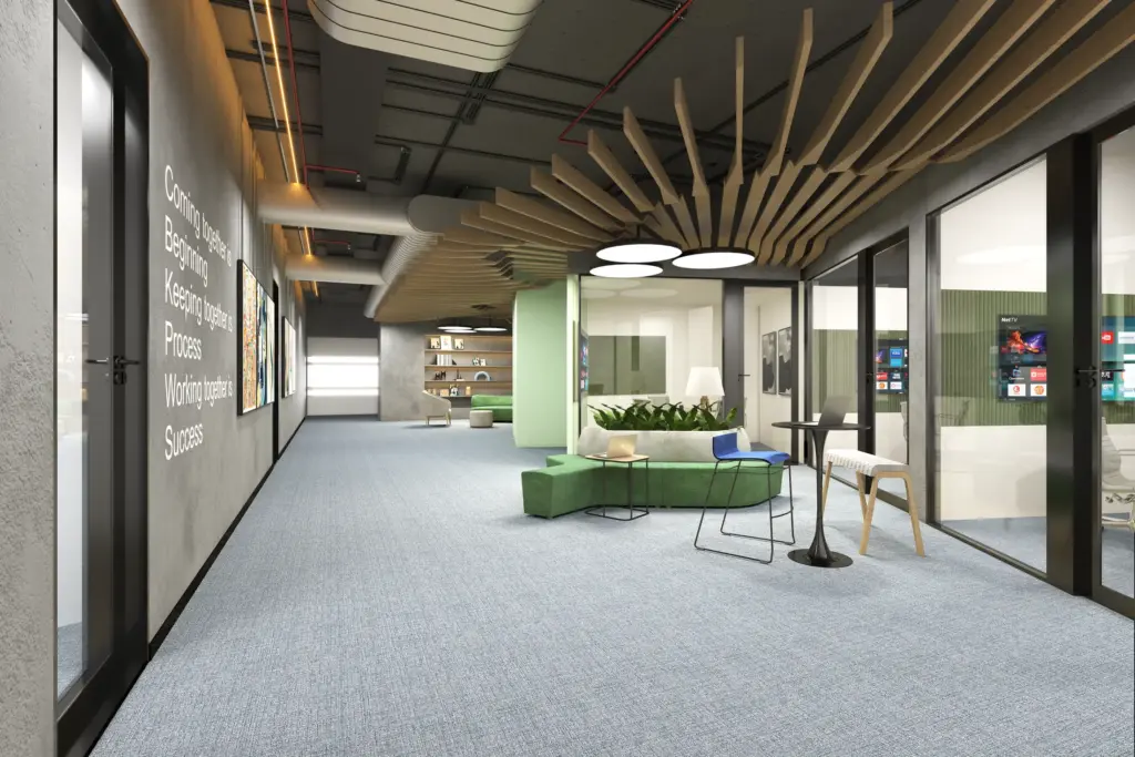 Whisper of Earth carpet tiles in a room